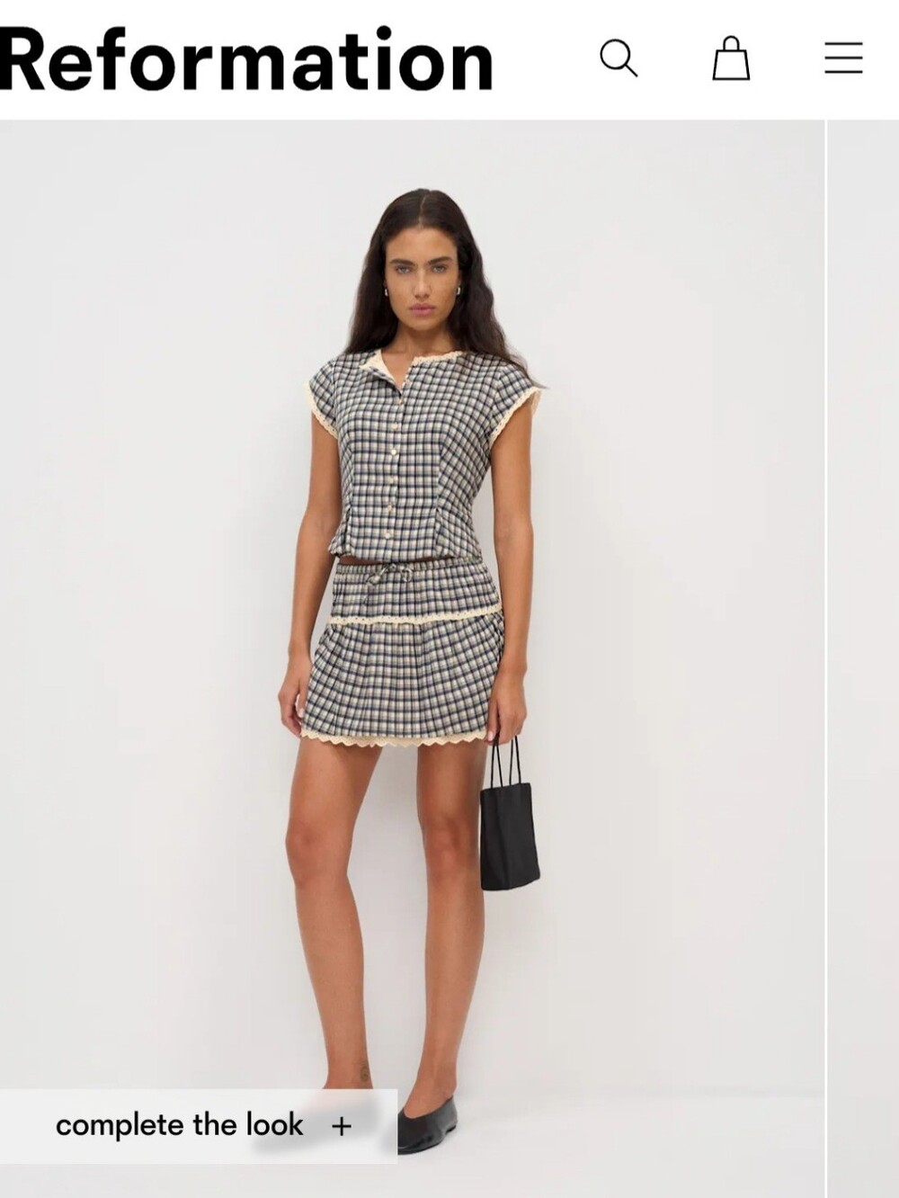 Reformation Navy and Tan/Beige Gingham Mini Skirt/top Set with Scalloped Trim